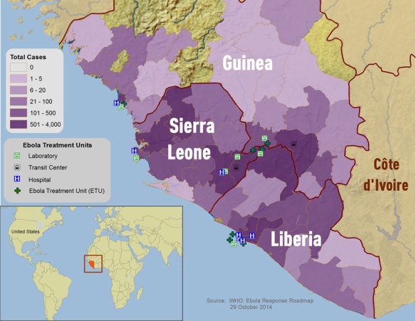 Mapa de los países de África Occidental afectados por el brote de Ébola actual. Fuente: CDC.